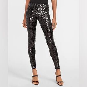 Express Shimmering Black Sequin High Rise Leggings Size Medium